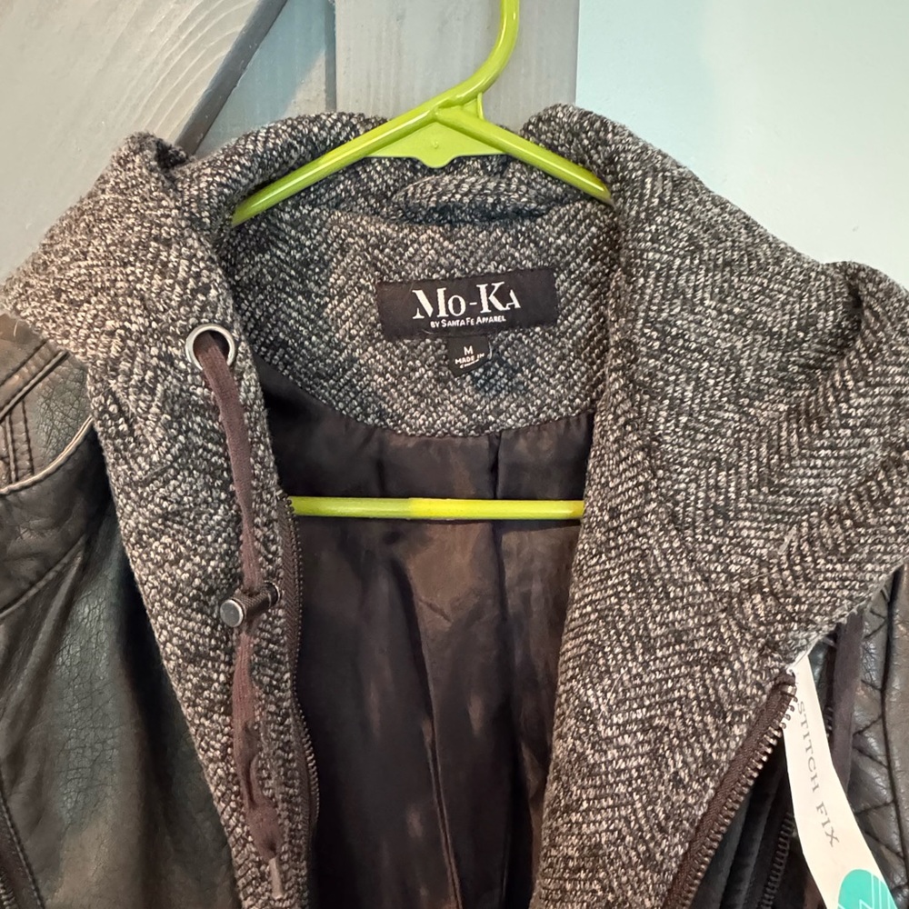 Mo-Ka Women's Black Leather Jacket with Gray Hood - Picture 2 of 7